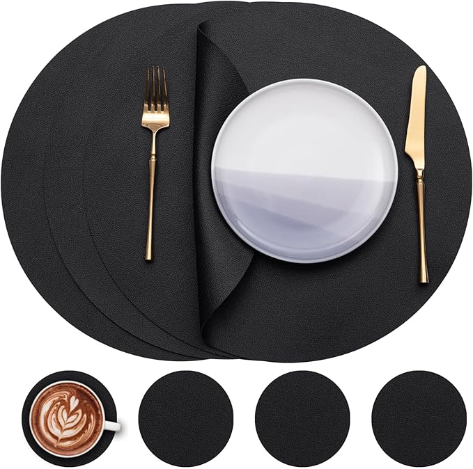 Myir JUN Round Placemats Set of 4 Faux Leather Place Mats and Coasters 15 inch Round Table Mats Dual Sided Non-Slip Stain Resistant Placemats (Black 01, Set of 4)