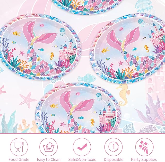 50Pcs Mermaid Birthday Oval Paper Plates 10" x 12" Large Disposable Heavy Duty Iridescence Paper Platters Mermaid Themed Dessert Plates for Under the Sea Themed Birthday Party Supplies