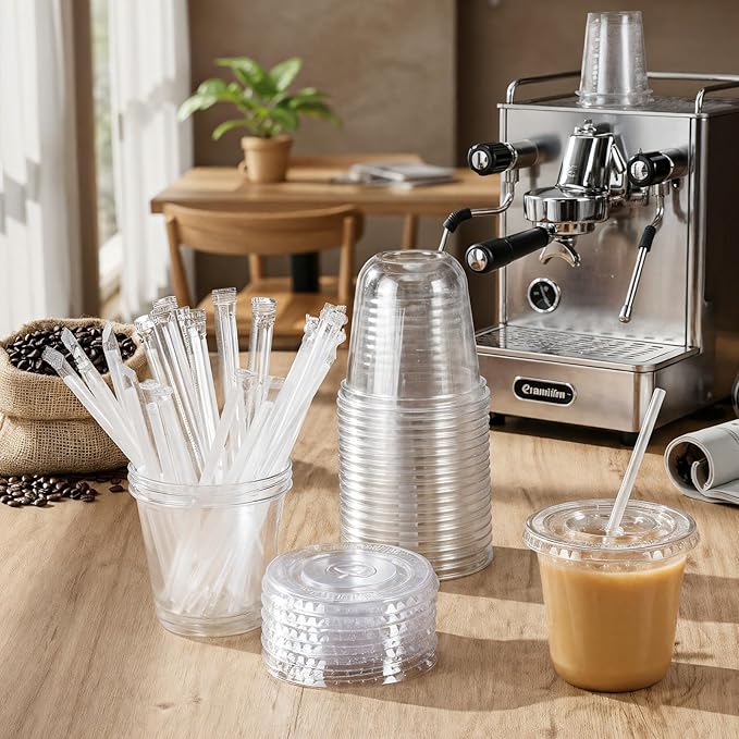 50 Sets Clear Plastic Cups with Lids and Straws, Disposable Iced Coffee Cups Drinking PET for Cold Drinks, Juice, Smoothie, Coffee Shops, Party, Christmas (Clear,10 oz)
