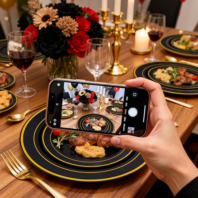 WELLIFE 350PCS Black and Gold Plastic Plates - Plastic Dinnerware Set for 50 Guests,Include 50 Dinner Plates, 50 Dessert Plates, 50 Black Cups 9 OZ, 50 Pre Rolled Napkins with Gold Silverware