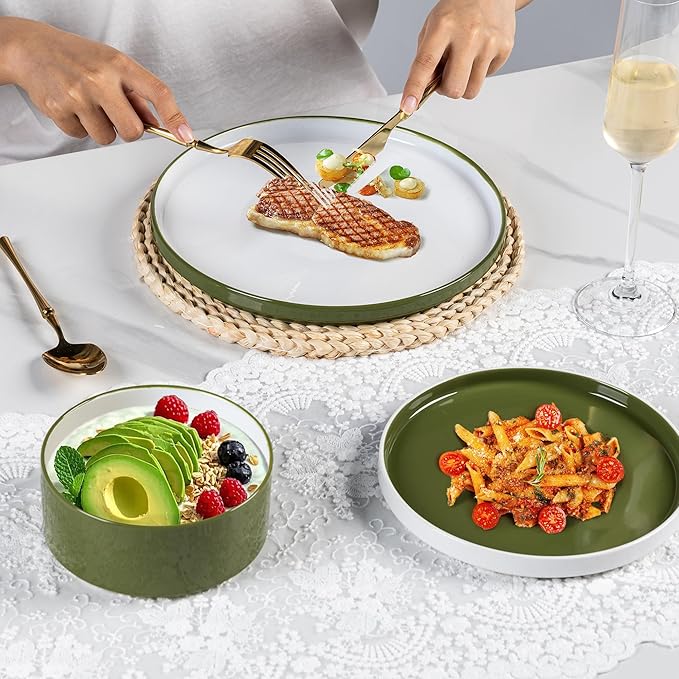 AmorArc Ceramic Plates Set of 6, 8.0 Inch Round Stoneware Salad Plates Use for Dessert, Salad, Appetizer etc,Microwave and Dishwasher Safe, Scratch Resistant Small Deep Dinner Plates-Light Green