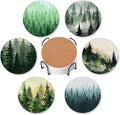 6 Pcs Drink Coasters with Holder, Watercolor Landscape Pine Forest Absorbent Round Ceramic Coaster for Tabletop Protection,for Coffee Cup Beverage Coasters Wine Beer Bar