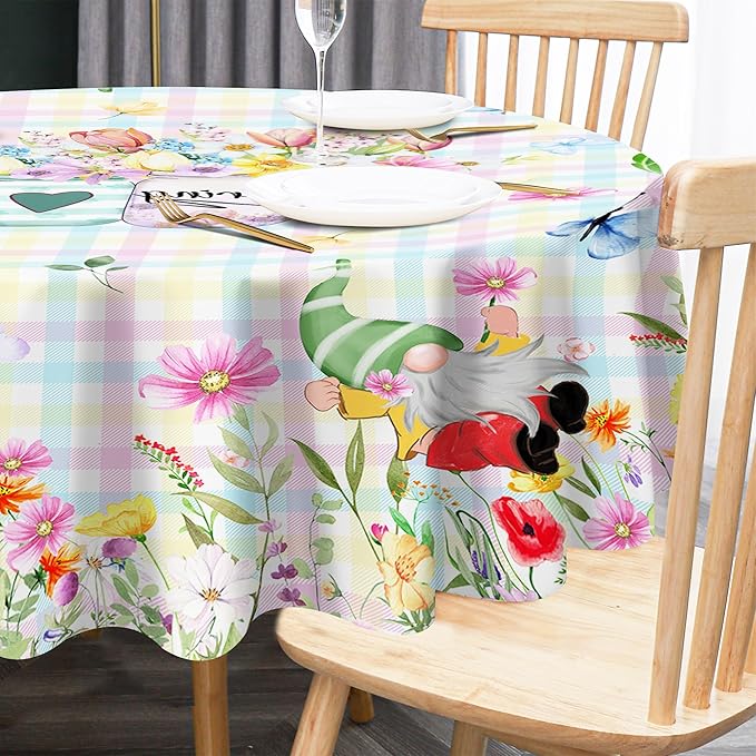 Spring Tablecloth, Rectangle 60 x 104 with Gnome Flowers, Oblong Tablecloth Buffalo Check Plaid Kitchen Table Cover for Dining Room Indoor Decor