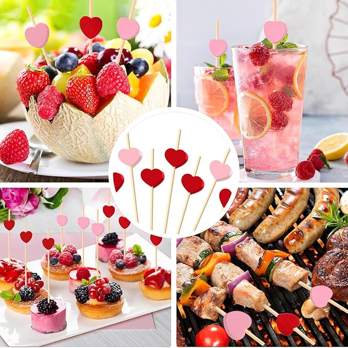 240 PCS Pink Love Heart Shaped Cocktail Picks, 4.7Inch Bamboo Fancy Toothpicks for Appetizers, Cocktail Skewers Sticks Selected for Weddings, Valentines Day, Desserts, Charcuterie, Food, Drinks