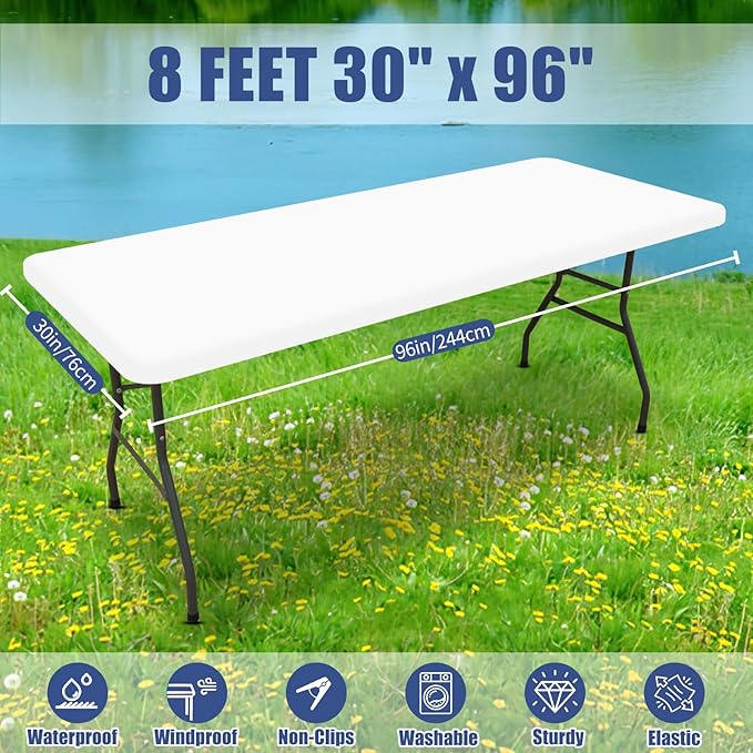 Spandex 8 Foot Rectangle Table Cloth 2 Pack, Elastic Fitted Tablecloths for Picnic, Stretch Washable Patio Table Cover for Outdoor, Camping, Banquet and Parties (White, 30"x96")