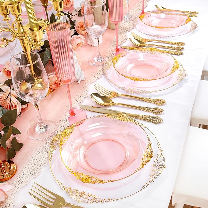 100PCS Clear Pink Plastic Bowls - 12 oz Pink Gold Disposable Salad Bowls - Heavy Duty Disposable Soup Bowl - Fancy Plastic Ice Cream Bowl for Weddings Valentine's Day Parties Dinners Picnics