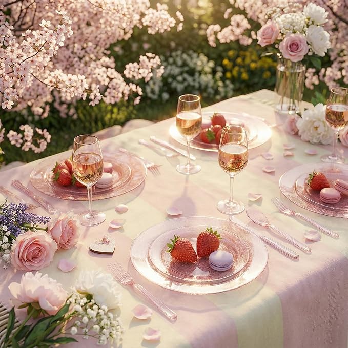 WDF 120pcs Pink Plastic Plates Disposable - Clear Pink Glitter Plates for Valentine's Day/Wedding including 60PCS Dinner Plates 10.25inch and 60PCS Salad Plates 7.5inch for Wedding/Party