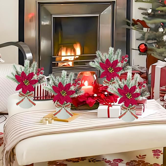 4 Pack Poinsettias Artificial Christmas Flowers, Tabletop Small Christmas Potted Flowers with Berries Pinecones Mini Christmas Tree for Table Centerpiece Home Office Garden Party Decor
