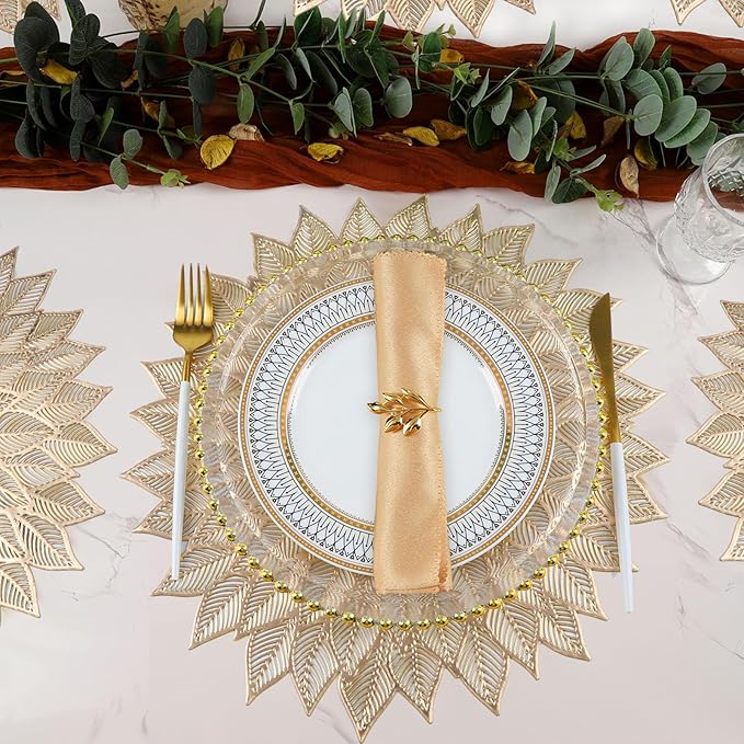 Placemats Set of 8, Round Hollow Out Flowers Place Mats for Dining Table Pressed Vinyl Blooming Leaf Table Mats for Holiday Party Wedding Accent Centerpiece Dinner Table Decoration (Gold)