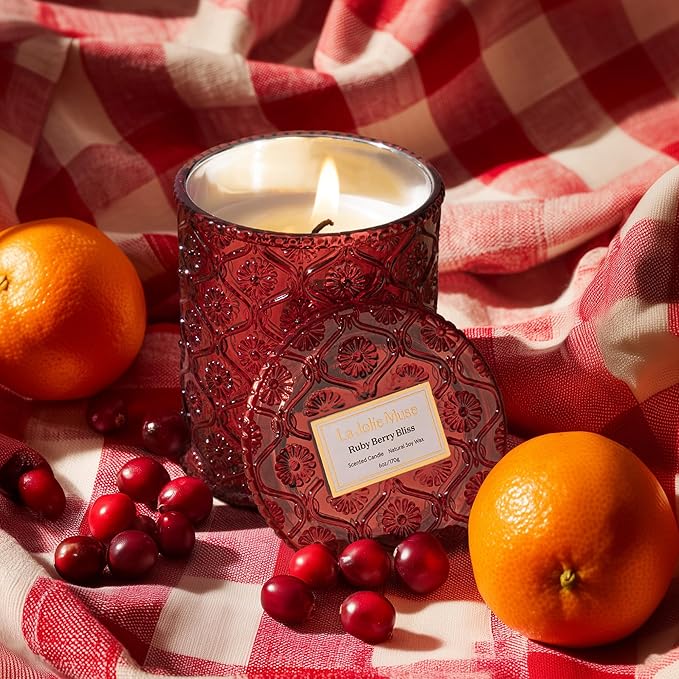 LA JOLIE MUSE Ruby Berry Bliss Scented Candle | Mandarin, Cranberry & Plum | 6 oz Natural Soy Wax Candle | 40 Hours Clean Burn | Valentines Day Gifts for Her | Cozy Home Decor