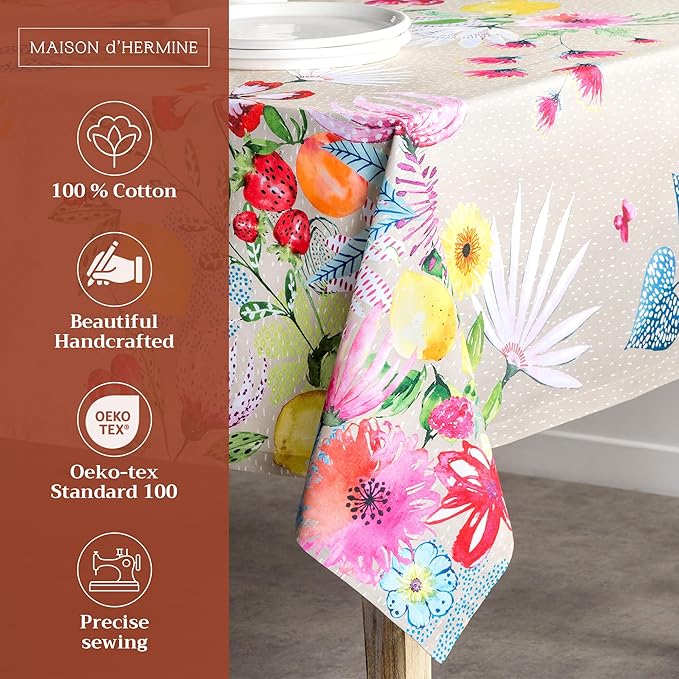Maison d' Hermine Table Cloth Rectangle Table 100% Cotton 70 x 108 Inches Tablecloth Reusable Decorative for Dining Room Farmhouse Home Valentines Day Decorations Spring Summer - Jardin D'Ete - Fog