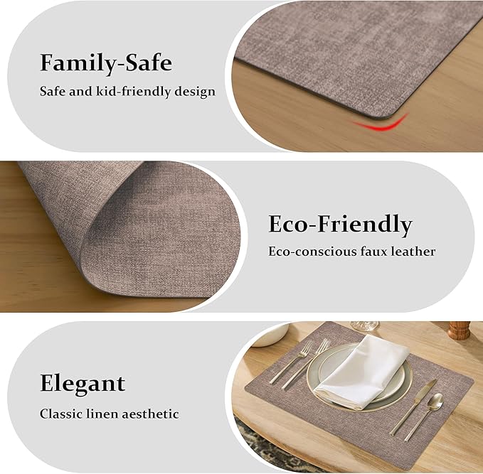 FROMHEART Faux Leather Placemats Set of 12–Waterproof,Heat/Oil Stain-Resistant PU Table Mat–Reversible,Non-Slip,Easy to Clean Place Mats for Kitchen,Dining,Indoor/Outdoor,(Dark Coffee,11.8" x 17")