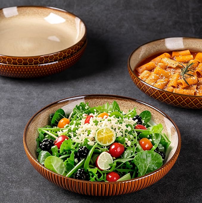 GBhome 9.5'' Large Pasta Bowls, 42 Ounce Stoneware Salad Bowls for Kitchen, Ceramic Serving Bowls With Textured Pattern for Pasta,Fruit, Stews,Noodle, House-warming Gift, Set of 4-Caramel