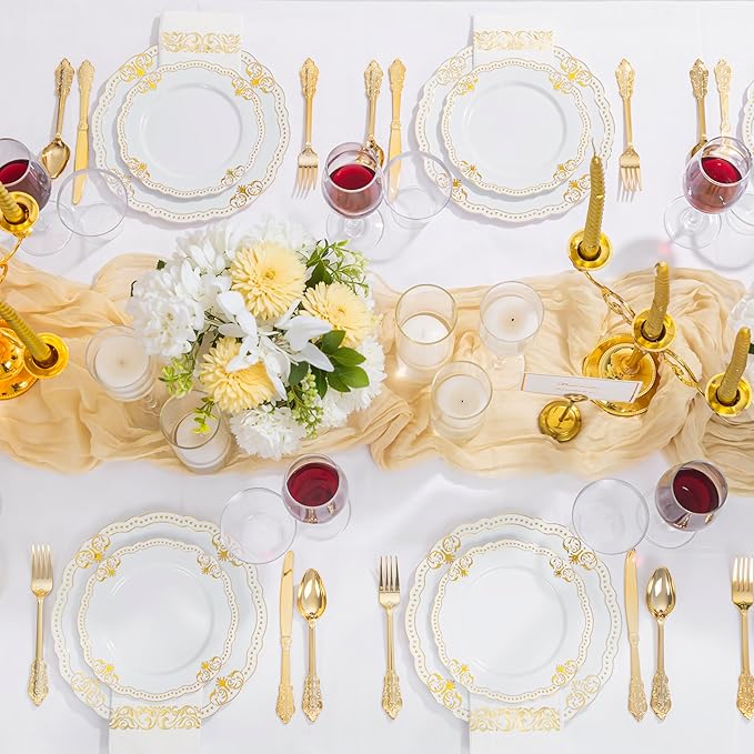 Ciaell 175 PCS White and Gold Plastic Plates - Fancy Gold Disposable Dinnerware Set with of 50 Plastic Plates, 25 Knives, 25 Forks, 25 Spoons, 25 Cups, 25 Napkins for Wedding, Party
