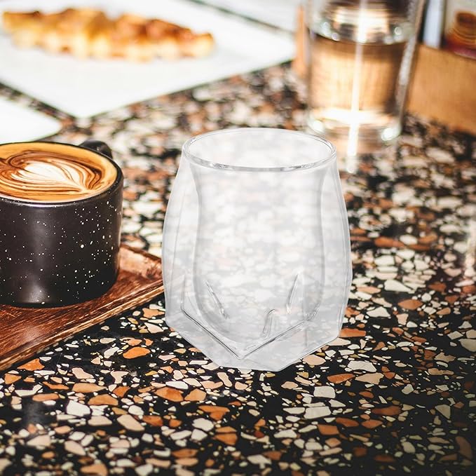 Double Wall Whiskey Glass with Pentagonal Base, Creative Small Tumbler for Home Parties, Ribbed Insulated Glassware for Women and Cocktail Enjoyment
