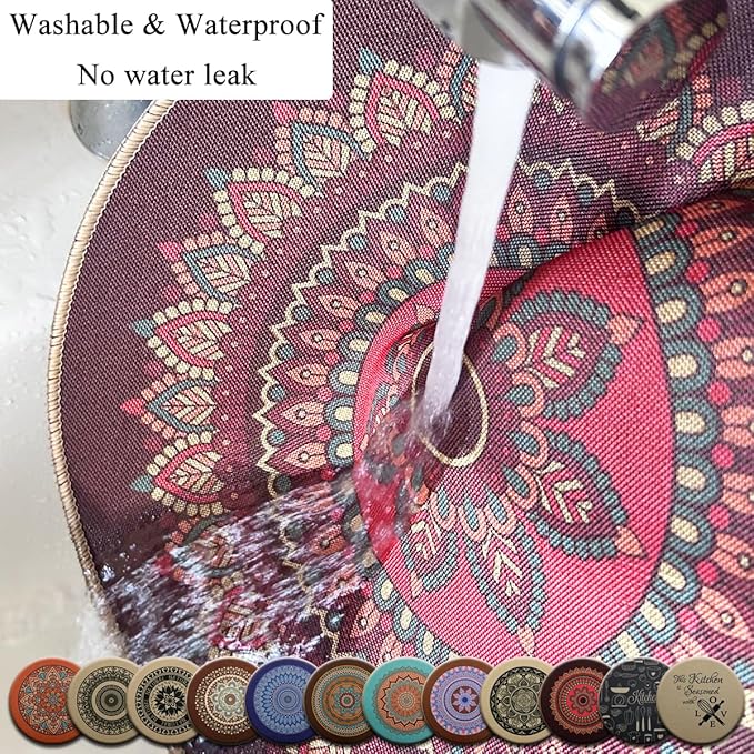 PIGCHCY Round Boho Placemats Set of 6, Rubber Heat Resistant Tabel Mats, Waterproof Washable Placemat for Dining Table Decoration (Teal)