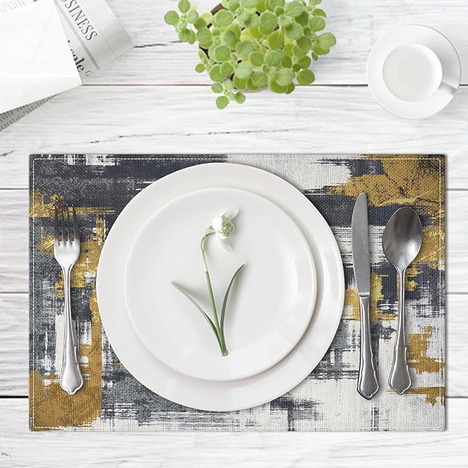 Emvency Farmhouse Placemats Set of 4, Abstract White Black Gold Vintage Art Painting 12x18 Inch Table Mats for Outdoor Home Party Kitchen Dining Decoration