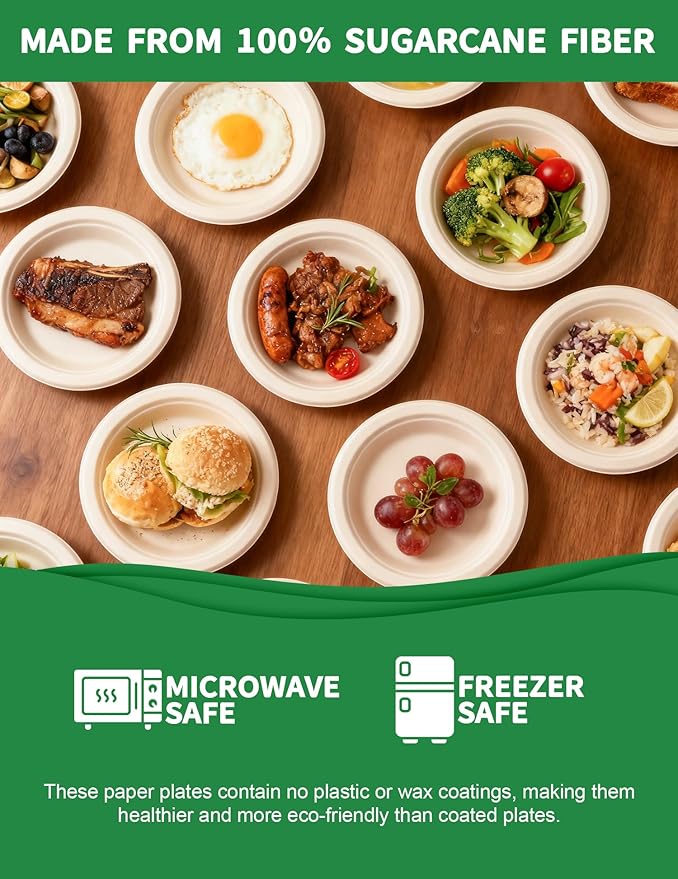 100% Compostable 7 Inch Paper Plates [144-Pack] - Biodegradable Sugarcane Bagasse Dessert Plates for Cake, Appetizers, Salads | Heavy Duty Disposable Plates for Kids Birthday & Holiday Party Supplies