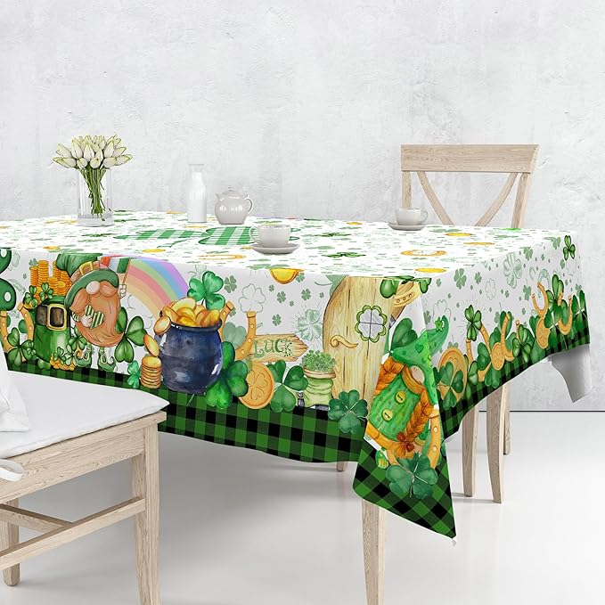 St. Patrick's Day Tablecloth, Rectangular 60 x 84, Polyester, Waterproof, Wrinkle Resistant, Heat Stain Resistant, Shamrock Gnome Leprechaun Design, Fits 4-8 People