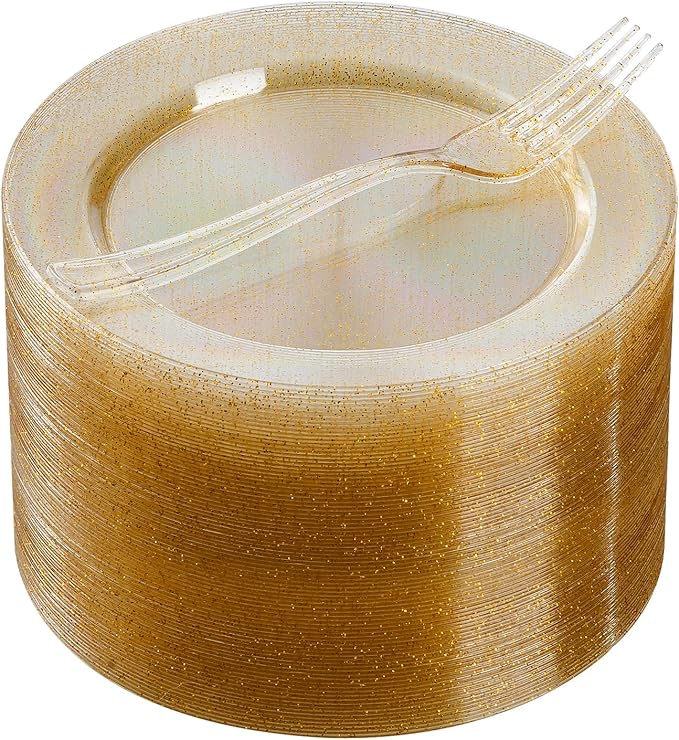 Goodluck 120PCS 7" Gold Glitter Dessert Plastic Plates with 7.4" Forks, Gold Appetizer Plates for 60 Guests, Including 60 Disposable Cake Plastic Plates and 60 Forks for Wedding/Birthday Party