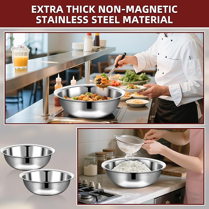 10 Pcs Stainless Steel Mixing Bowls Metal Mixing Bowls Extra Large Basin Salad Bowl with Deeper Edge, Dishwasher Safe, Mirror Finish for Home and Commercial, Silver (14 Inch 8 Qt)