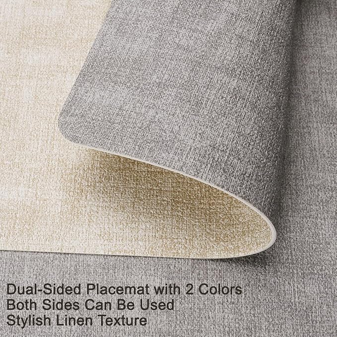 Myir JUN Reversible Vinyl Placemats Set of 6, Faux Leather Place Mats Dual Sided Waterproof Wipeable, Heat-Resistant Table Mats for Kitchen Dining Indoor Outdoor (12" x 17", Light Gray Cream-White)