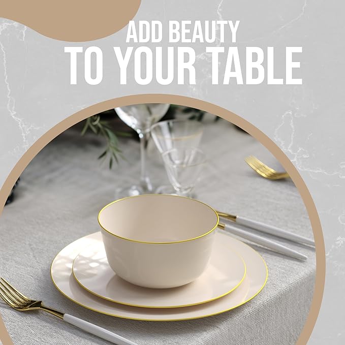 Trendables Plastic Bowls Disposable Bowls 24 Oz Bowl Set Of 50 Ivory Gold Rimmed Fancy Plastic Serving Bowls Perfect Plastic Ice Cream Bowls Plastic Salad Bowls Plastic Candy Bowl