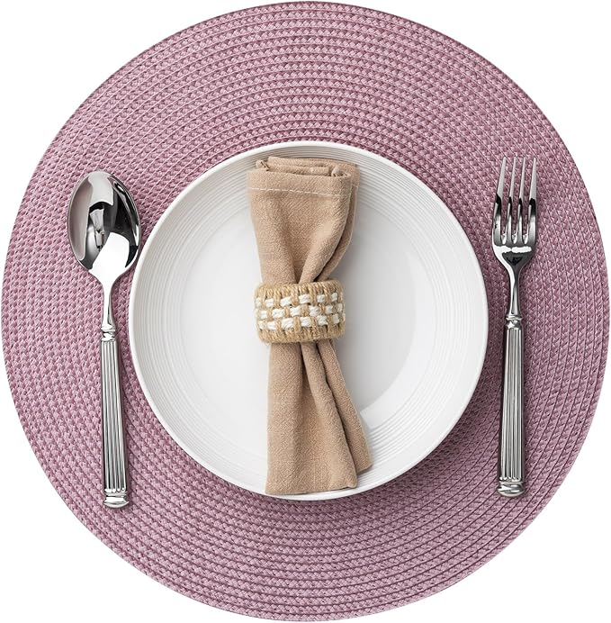Round Placemats Set of 6 Plastic Woven Placemats Washable Wipeable Table Mats for Dining Table Heat Resistant Non-Slip Circle Place Mats (Lilac)
