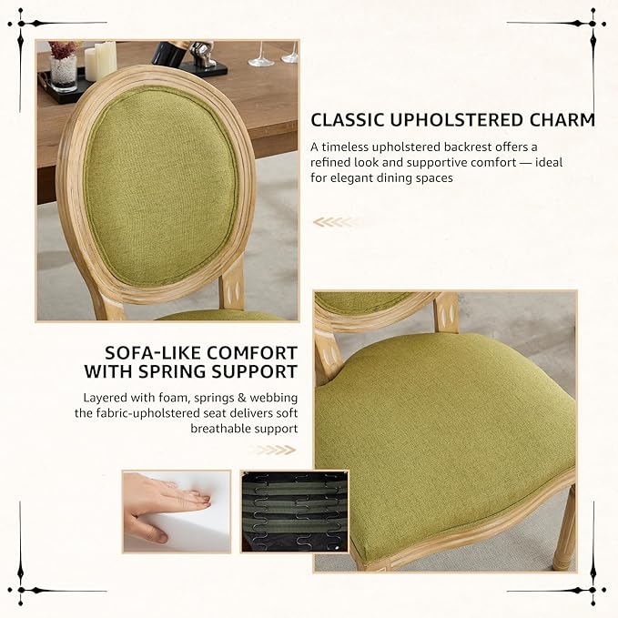 Vintage French Dining Chairs Set of 6, Round Back Upholstered Accent Chairs in Linen Fabric with Solid Wood Frame, Farmhouse Sillas de Comedor for Dining Room & Kitchen, Olive Green