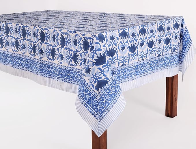 ATOSII Positano Blue 100% Cotton Rectangle Fall Tablecloth, Handblock Floral Linen Table Cloth for Dining Table I Parties Christmas Thanksgiving Grand Millennial Home Decor 72 X 108 Inches I 8 Seater