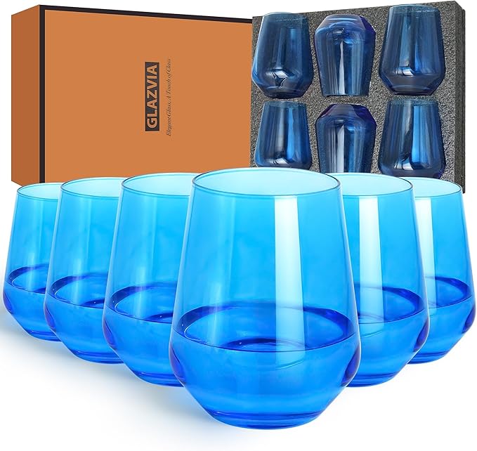 Blue Stemless Wine Glasses Set of 6, 15oz Drinking Glassware Dishwasher Safe, Wine Glass Tumblers for Red or White, Gift for Party, Holiday, Anniversary, Restaurant, Home Bar, Daily Use