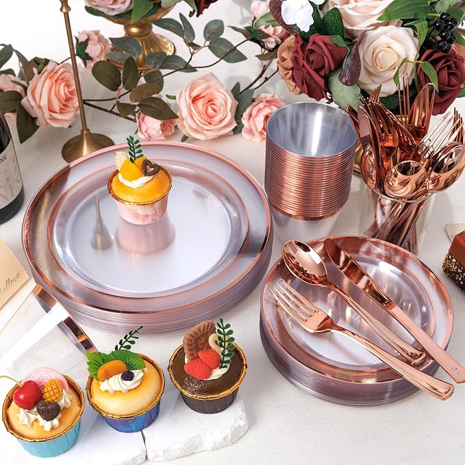 bUCLA 600PCS Clear Rose Gold Plastic Dinnerware Set Disposable - Include 100 Dinner Plates, 100 Dessert Plates, 100 Knives, 100 Forks, 100 Spoons, 100 Cups for Party, Wedding & Valentines Day