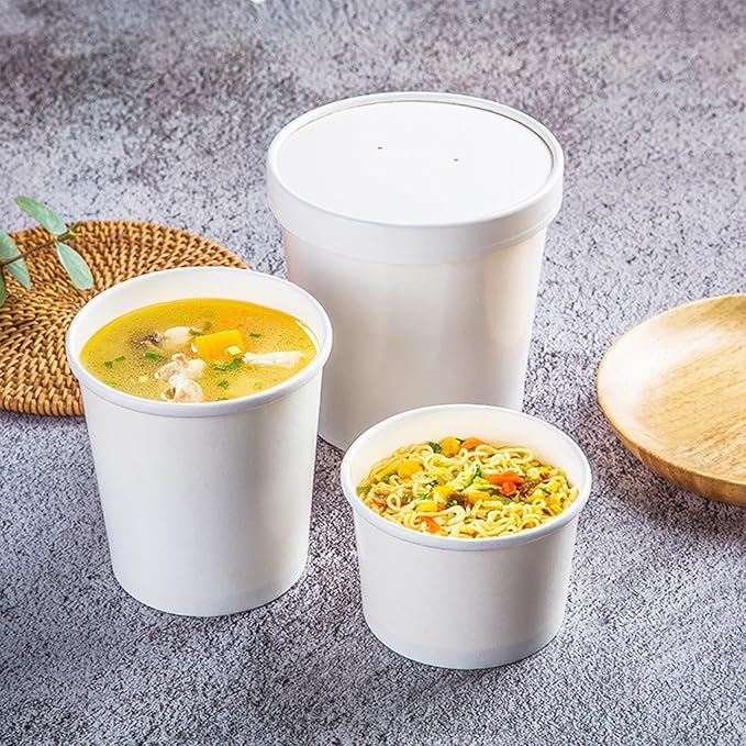 DI QIU REN 8oz Paper Soup Container Cup with Vented Lids, Disposable Paper Food Container Kraft Dessert Bowl Soup Bowls, Microwavable and Freezer Safe for Hot Soup, Ice Cream (100 Pcs - White, 8 oz)