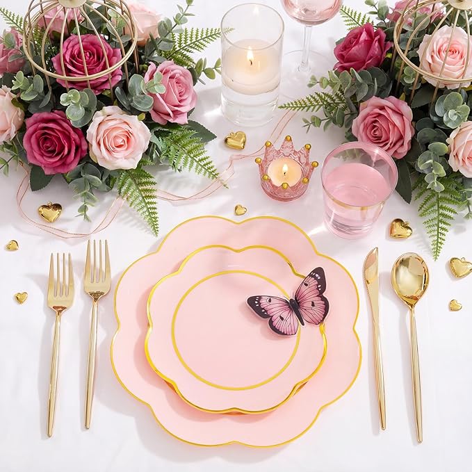 EI 180pcs Pink Plastic Plates with Gold Plastic Silverware,Heavy-Duty Disposable Plates for Party,White Dinnerware Set for 30 Guest Wedding,Birthday,Valentine's Day