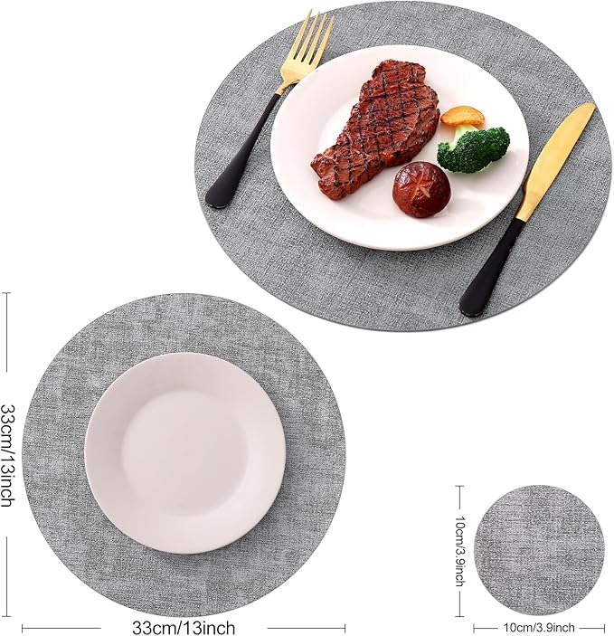 Homaxy Round Faux Leather Placemats and Coasters, Washable Dual-Side Table Mats, Wipeable Heat-Resistant Dining Place Mats for Outdoor and Indoor, Set of 8, Diameter 13 and 3.93 inch, Light Grey