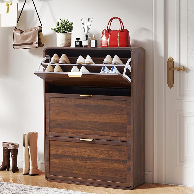 Narrow Hidden Shoe Organizer Cabinet Storage for Entryway, Modern Slim and Skinny Shoe Rack Cabinet with Flip Drawers for Entrance, Hallway - Walnut
