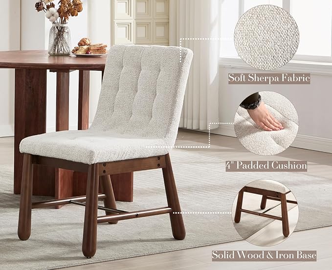 CIMOTA Modern Tufted Dining Chairs Set of 2 for Kitchen, Farmhouse White Linen Fabric Kitchen & Dining Room Side Chairs with Cushion Back, Oak Wooden Frame, Thickened Upholstered