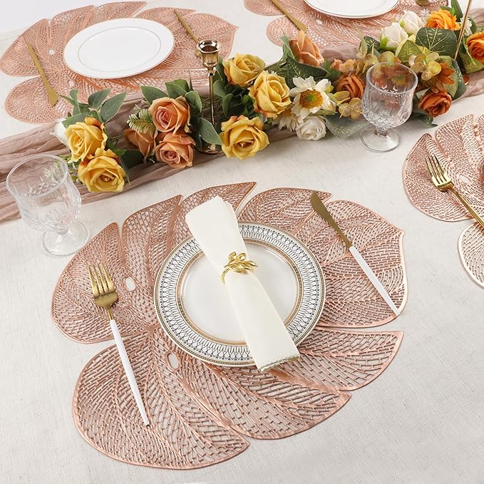 Evevda Rose Gold Leaf Shaped Vinyl Placemats for Dinner Table Set of 8 Metallic Plastic Place Mats Wipeable 8Pcs Table Mats for Wedding Annersary Dinner Table Decoration Mats(17.7x13.8inch/45x35cm)…