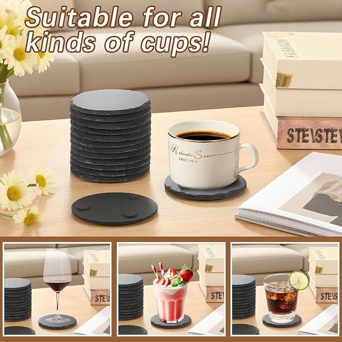 12 PCS Black Natural Slate Coasters Bulk Set 4 Inch Laser Engraving Blanks with Anti Scratch Bottoms for Home, Office, Bar, Gifts Round Coasters