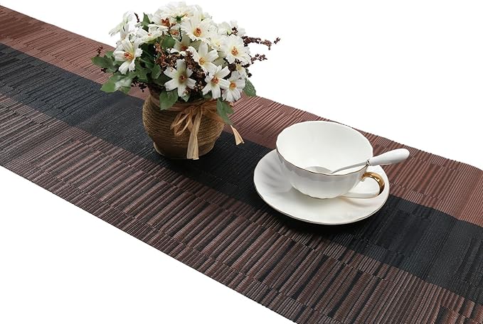 SHACOS Table Runners Woven Vinyl Table Mats 12x54 inch for Kitchen Dining Table Non Slip Washable, Ombre Coffee Black