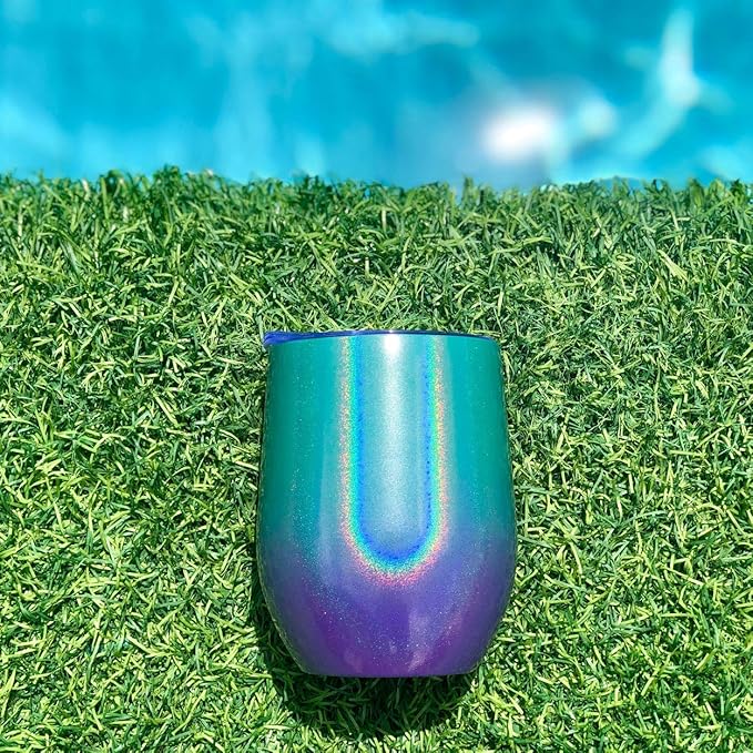 CHILLOUT LIFE 12 oz Stainless Steel Wine Tumbler with Lid - Double Wall Vacuum Insulated Wine Cup Glass Keeping Cold & Hot for Coffee, Champagne, Cocktails, Ice Cream - Mermaid Sparkle