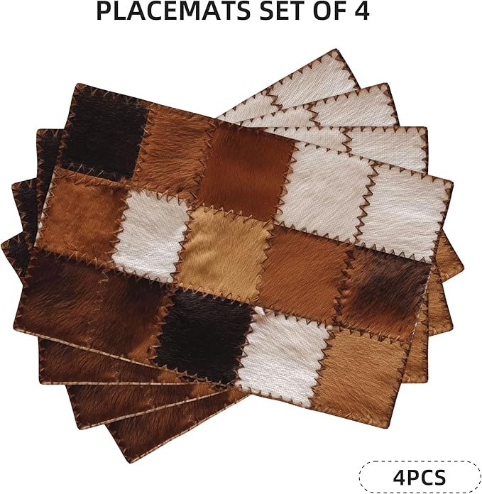 Cowhide Placemats Set of 4 Washable Table Place Mats for Dining Kitchen Party Decor