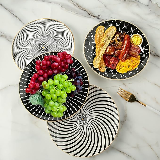 8 Inch Set of 4 Assorted Designs, Porcelain Plates With Patterns,Black Ceramic Dessert Plates, Dishware with Golden Rim for Sandwiches Salad Pasta, Microwave Oven Dishwasher Safe (A)