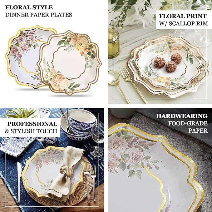 50 Pack 10" White/Gold Floral Print Scallop Rim Dinner Plates, Disposable Round Paper Party Plates 300 GSM for Festive Table Decoration