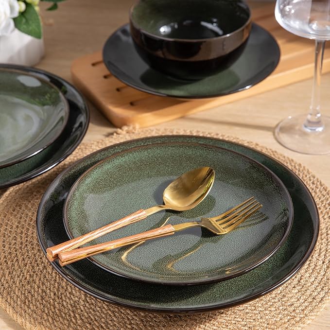 LERATIO Ceramic Dinner Plates Set of 6, 10.5 Inch Handmade Reactive Glaze Porcelain Plates, Coupe Shape Dinnerware Dishes Set for Kitchen,Oven& Microwave & Dishwasher Safe, Scratch Resistant-Green