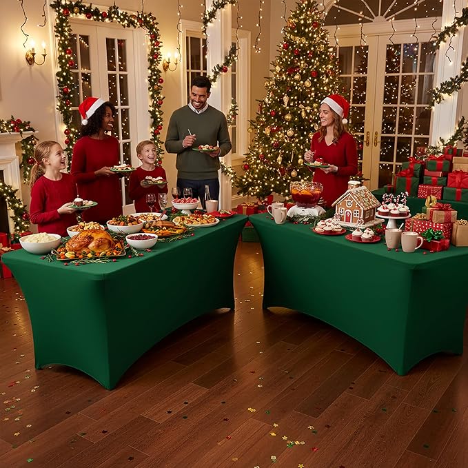Table Cover for 6 Foot Rectangle Tables-8 Pack Hunter Green Fitted Stretch Tablecloth-Spandex 6ft Christmas Tablecloth for Party, Vendor Booth Display, Banquet Buffet Event, Craft Trade Show