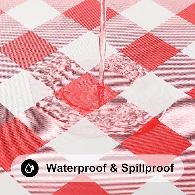 Smiry Square Picnic Table Cloth, Elastic Waterproof Fitted Vinyl Tablecloths, Flannel Backed Buffalo Plaid Table Covers for Dining, Camping, Outdoor (White and Red, 34" x 34")