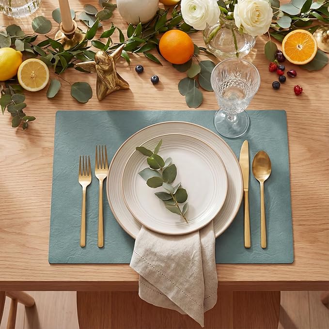Artoid Mode Blue Faux Leather Placemats Set of 4, 12x18 Inch Waterproof Wipeable Heat Resistant Vinyl Place Mats, Reversible Table Mats for Winter Kitchen Dining Decor