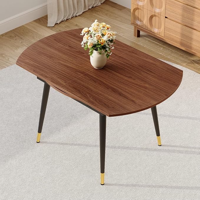 Extendable Dining Room Table｜53” Round Dining Table for 4-6｜Walnut Wooden Tabletop with Metal Legs｜Stable and Sturdy｜Easy Transform｜Easy Assembly｜Space Saving｜for Kitchen, Living Room