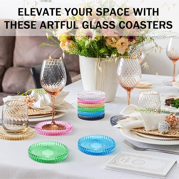 Vintage Glass Coasters, GOH DODD Set of 6 Crystal Coasters Tabletop Protection for Drinks, Home Decor, Kitchen, Living Room, Patio, Wedding, Party, Housewarming Gifts, Mixed Colors